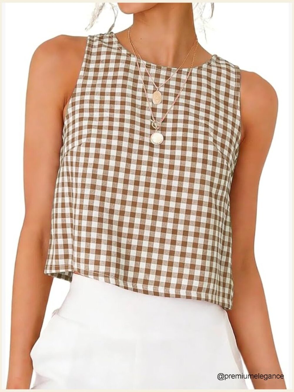 Gingham Crop Tank Top Sleeveless High Neck Spring Summer